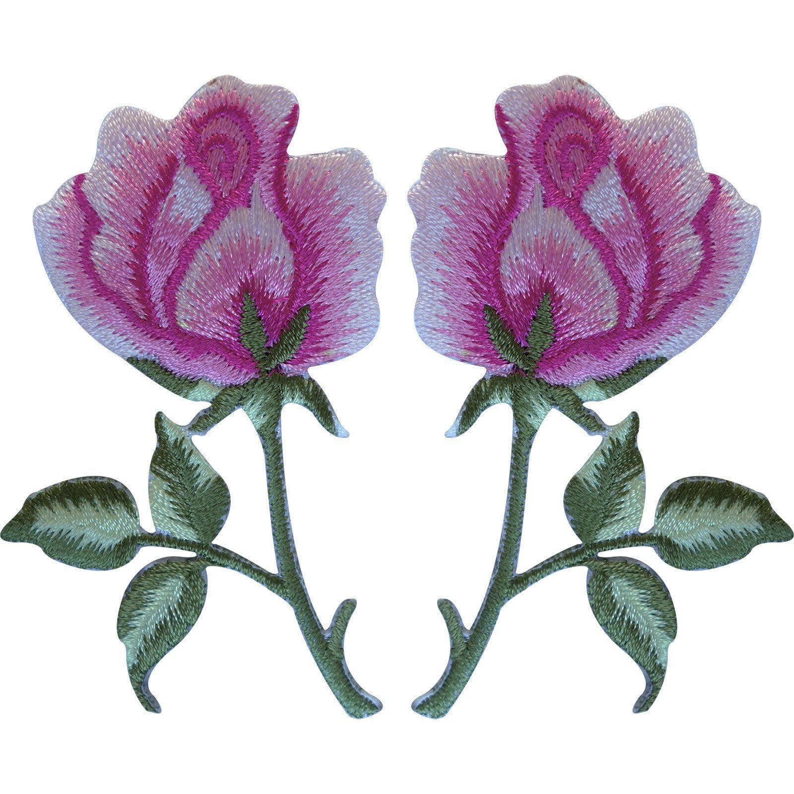 Pair of Pink Rose Patches Iron On Sew On Embroidered Roses Flowers Patch Badges