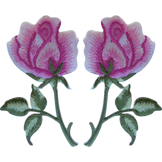 Pair of Pink Rose Patches Iron On Sew On Embroidered Roses Flowers Patch Badges