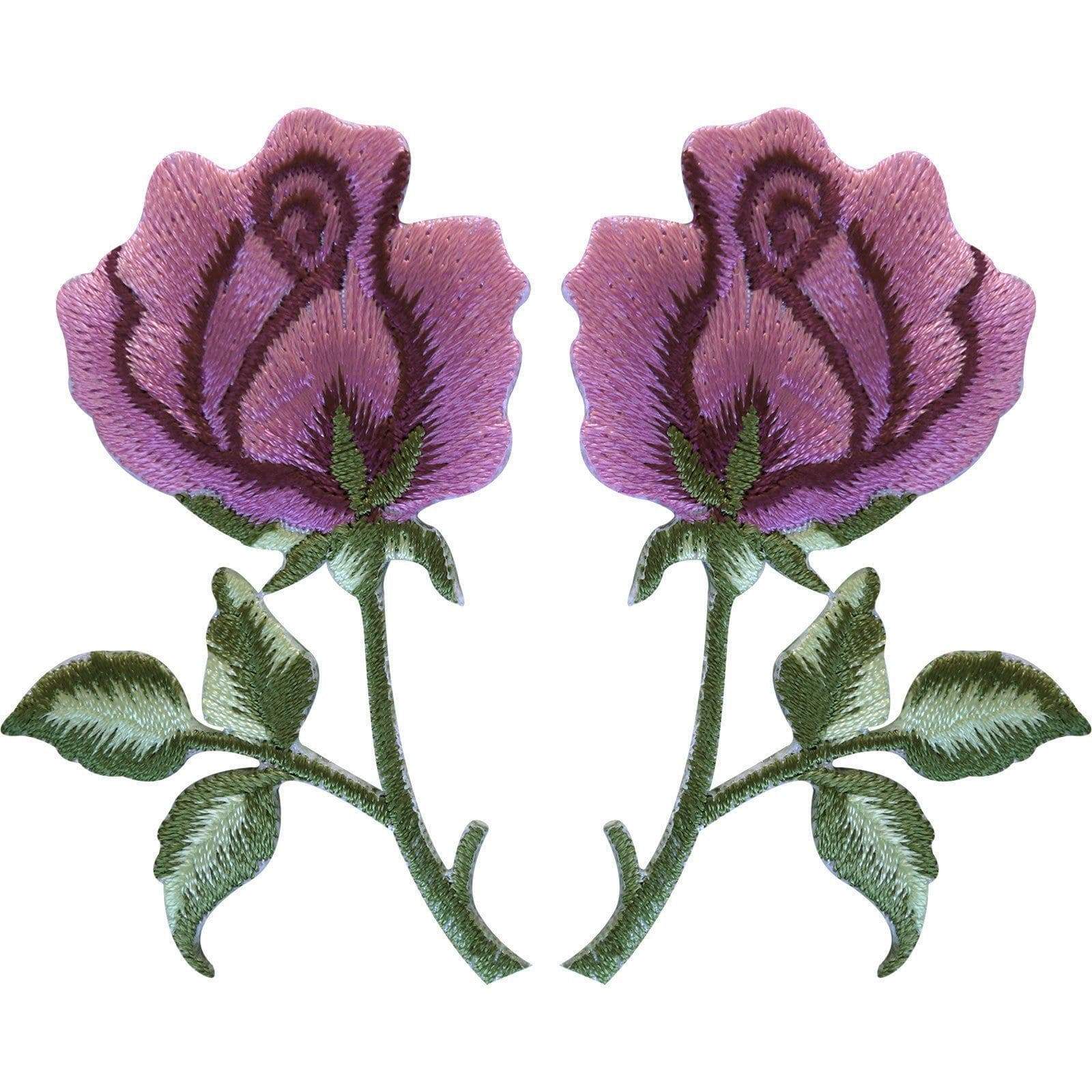 Pair of Pink Rose Patches Iron / Sew On Clothes Embroidered Flower Patch Badge