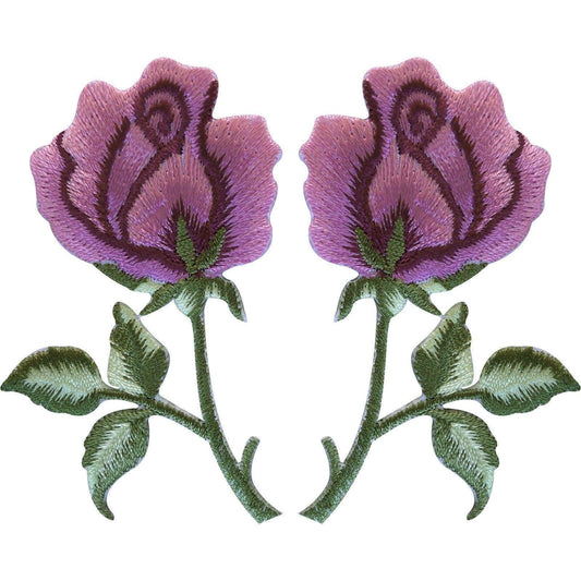 Pair of Pink Rose Patches Iron / Sew On Clothes Embroidered Flower Patch Badge