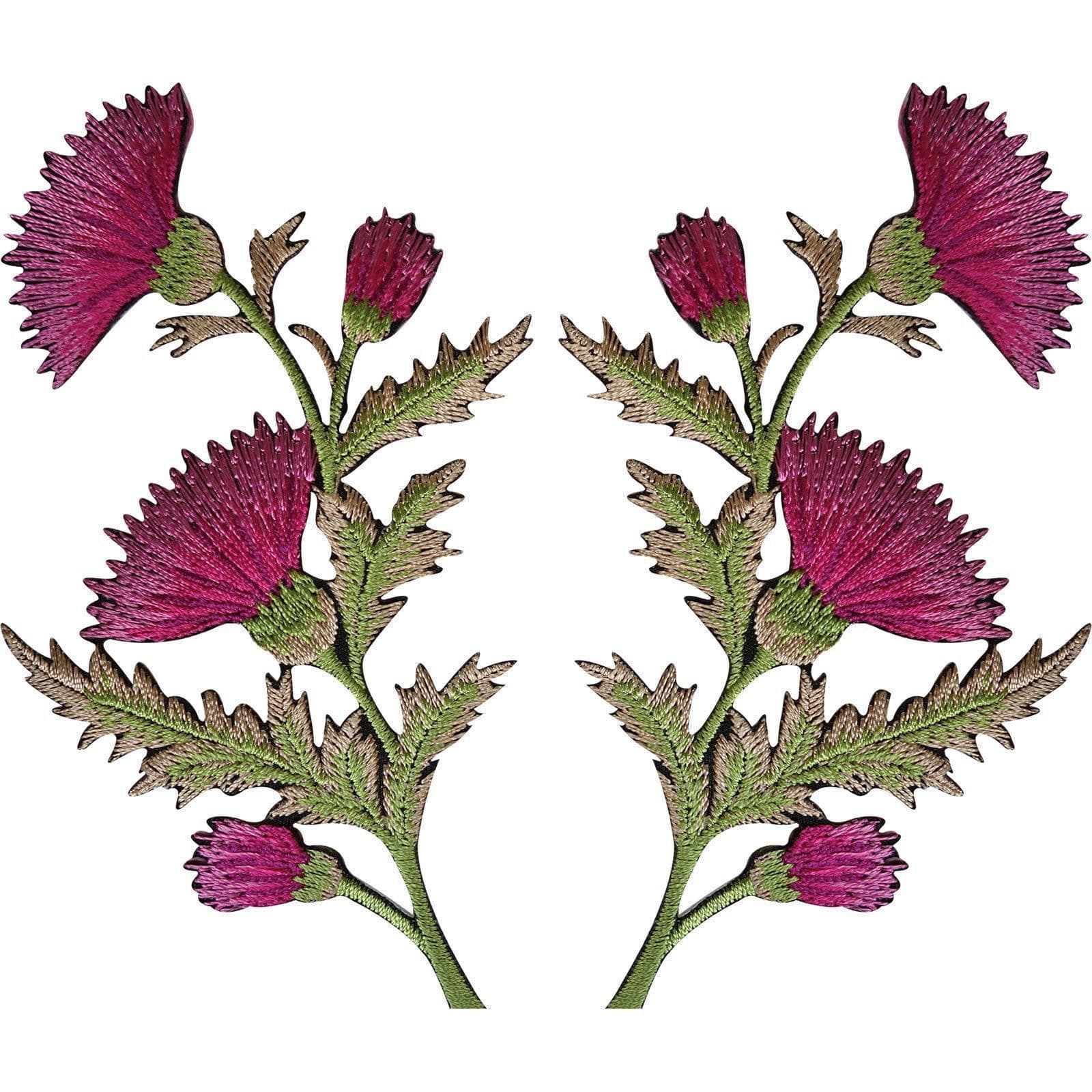 Pair of Pink Thistle Flower Patches Iron Sew On Embroidered Patch Badge Flowers