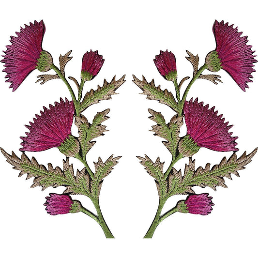 Pair of Pink Thistle Flower Patches Iron Sew On Embroidered Patch Badge Flowers