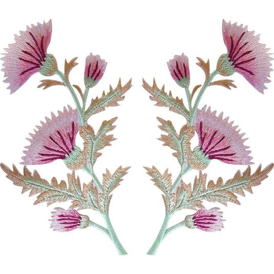 Pair of Pink Thistle Flower Patches Iron Sew On T Shirt Bag Flowers Patch Badge