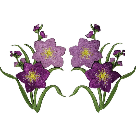 Pair of Purple Flower Patches Iron Sew On Flowers Clothes Embroidery Patch Badge
