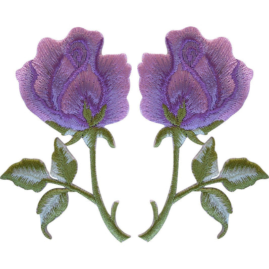 Pair of Purple Lavender Rose Patches Iron Sew On Roses Flower Clothes Bag Patch