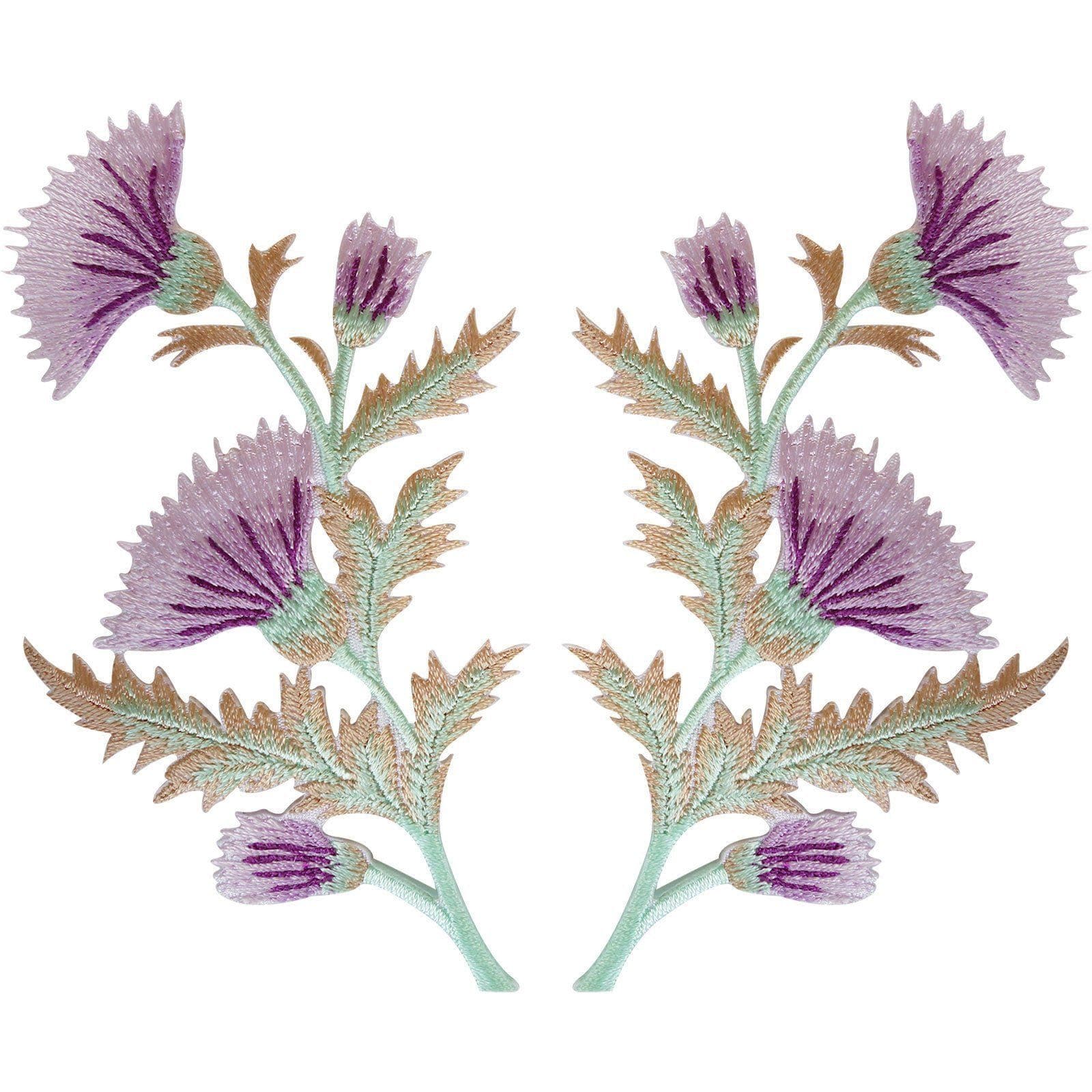 Pair of Purple Pink Thistle Flower Patches Iron Sew On Flowers Patch Badge Motif