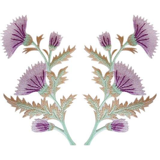 Pair of Purple Pink Thistle Flower Patches Iron Sew On Flowers Patch Badge Motif