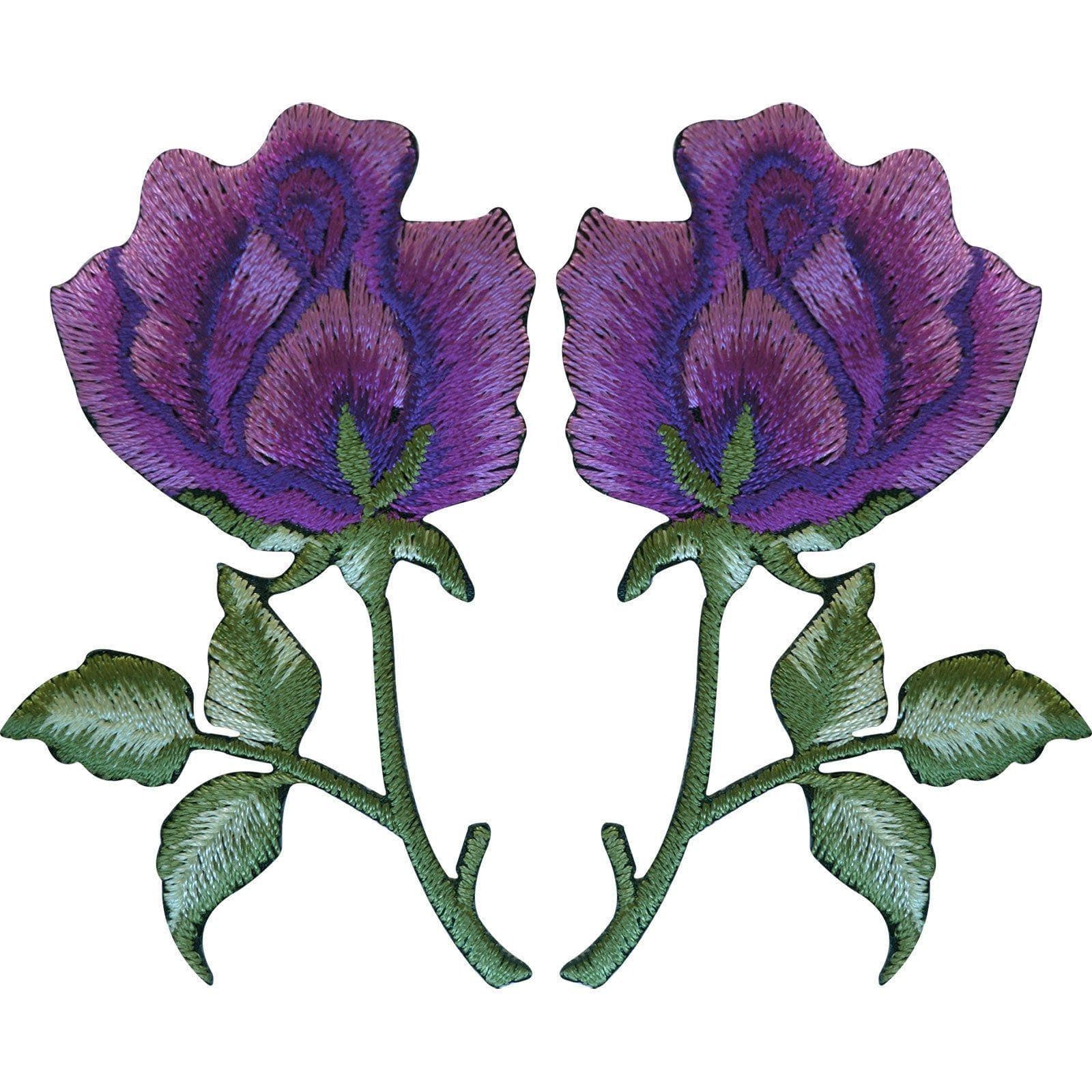 Pair of Purple Rose Patches Iron On Sew On Embroidered Roses Flower Patch Badge