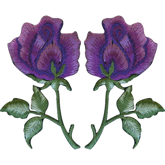 Pair of Purple Rose Patches Iron On Sew On Embroidered Roses Flower Patch Badge
