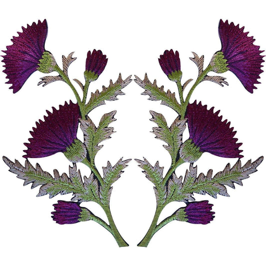 Pair of Purple Thistle Flower Patches Iron Sew On Embroidery Patch Badge Flowers