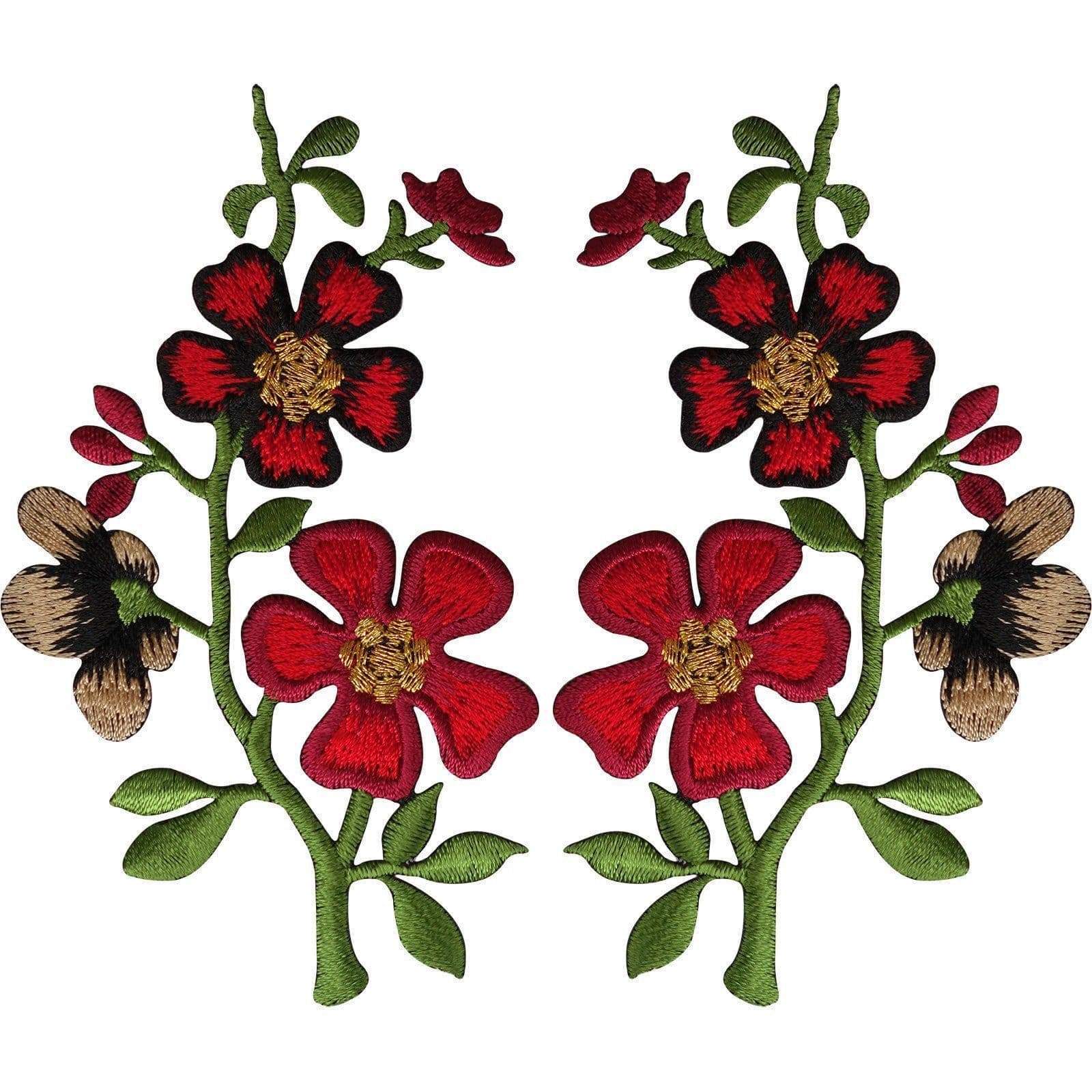 Pair of Red Black Flower Patches Iron On Sew On Flowers Embroidered Patch Badge