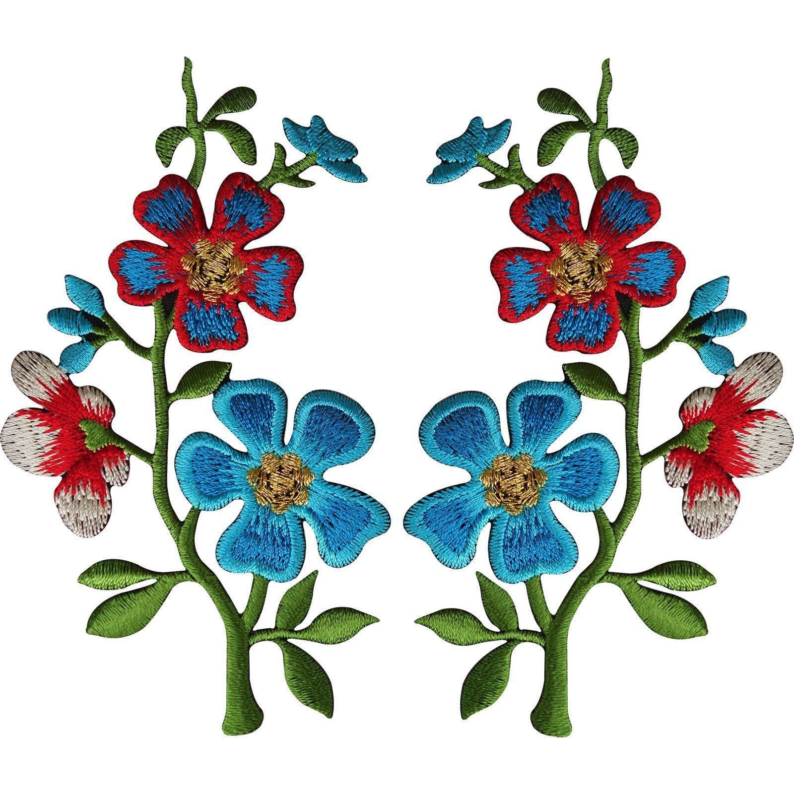 Pair of Red Blue Flower Patches Iron On Sew On Flowers Embroidered Patch Badge