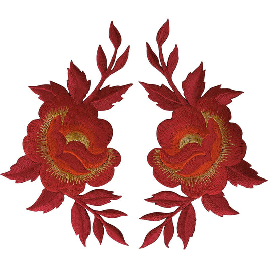 Pair of Red Flower Patches Iron Sew On Denim Jeans Bag Flowers Embroidered Patch