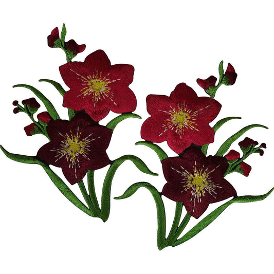 Pair of Red Flower Patches Iron Sew On Flowers Embroidered Patch Badge Applique