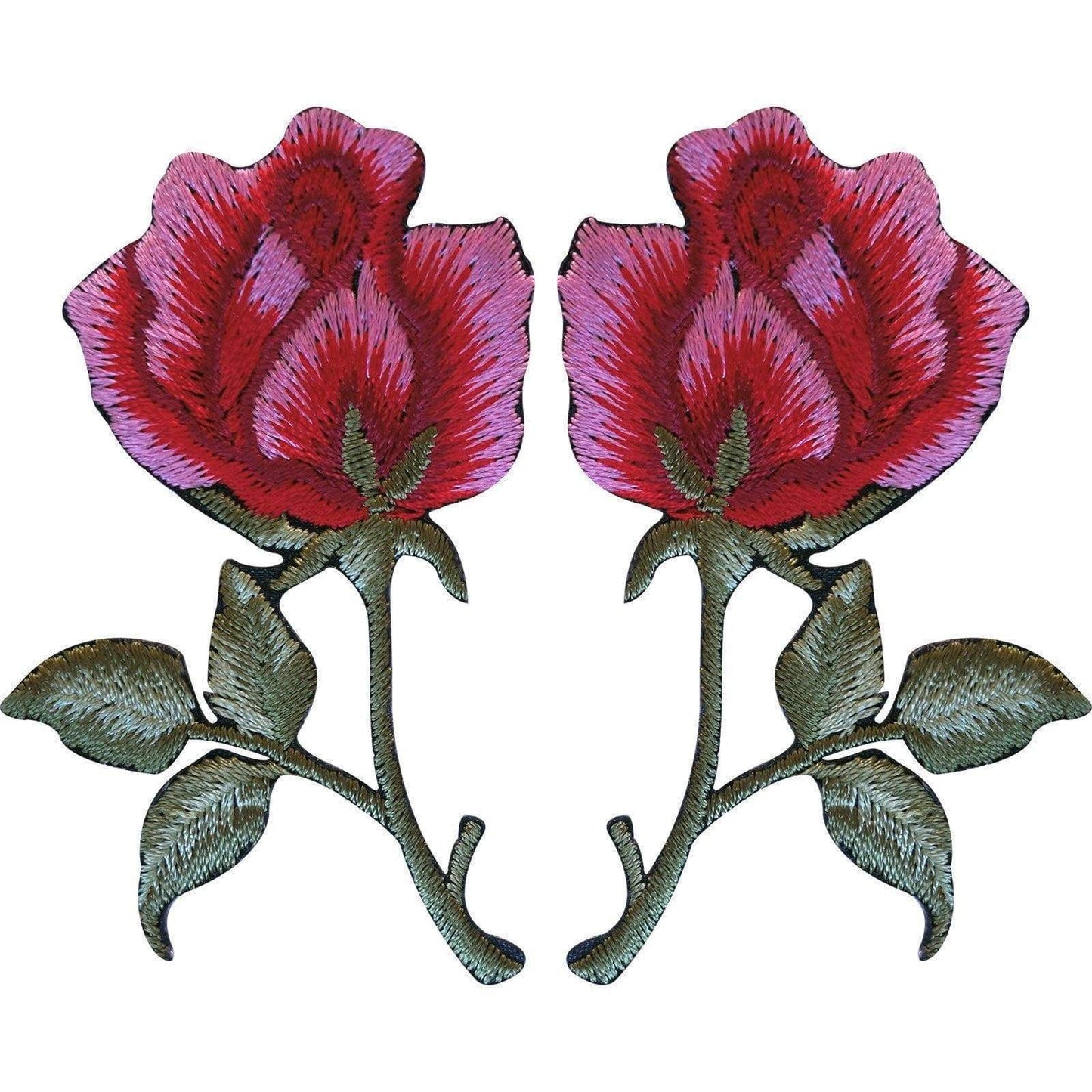 Pair of Red Pink Roses Patches Iron Sew On Embroidered Rose Flower Patch Badge