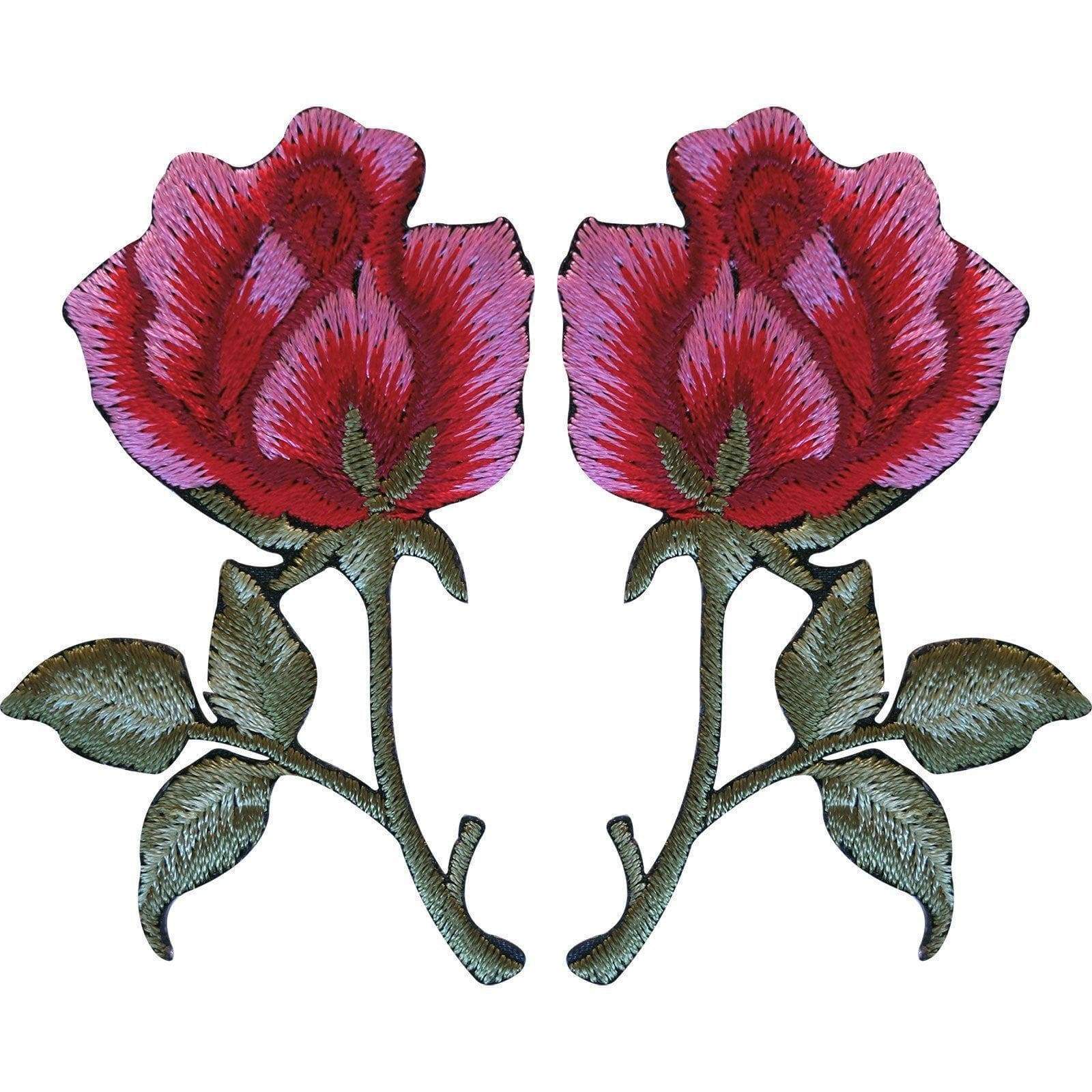 Pair of Red Pink Roses Patches Iron Sew On Embroidered Rose Flower Patch Badge