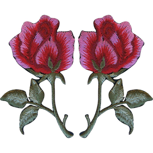 Pair of Red Pink Roses Patches Iron Sew On Embroidered Rose Flower Patch Badge