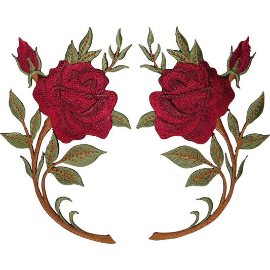Pair of Red Rose Flower Patches Iron Sew On Clothes Bags Embroidered Patch Badge