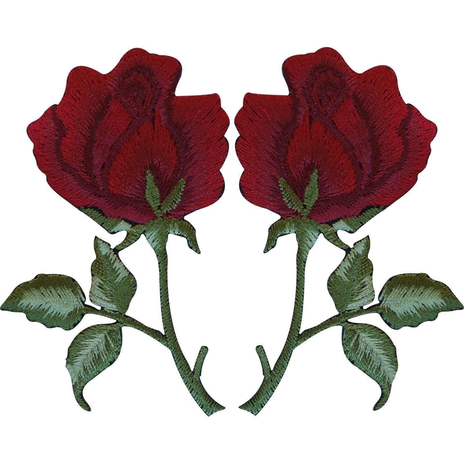 Pair of Red Roses Patches Iron On / Sew On Embroidered Rose Flower Pat