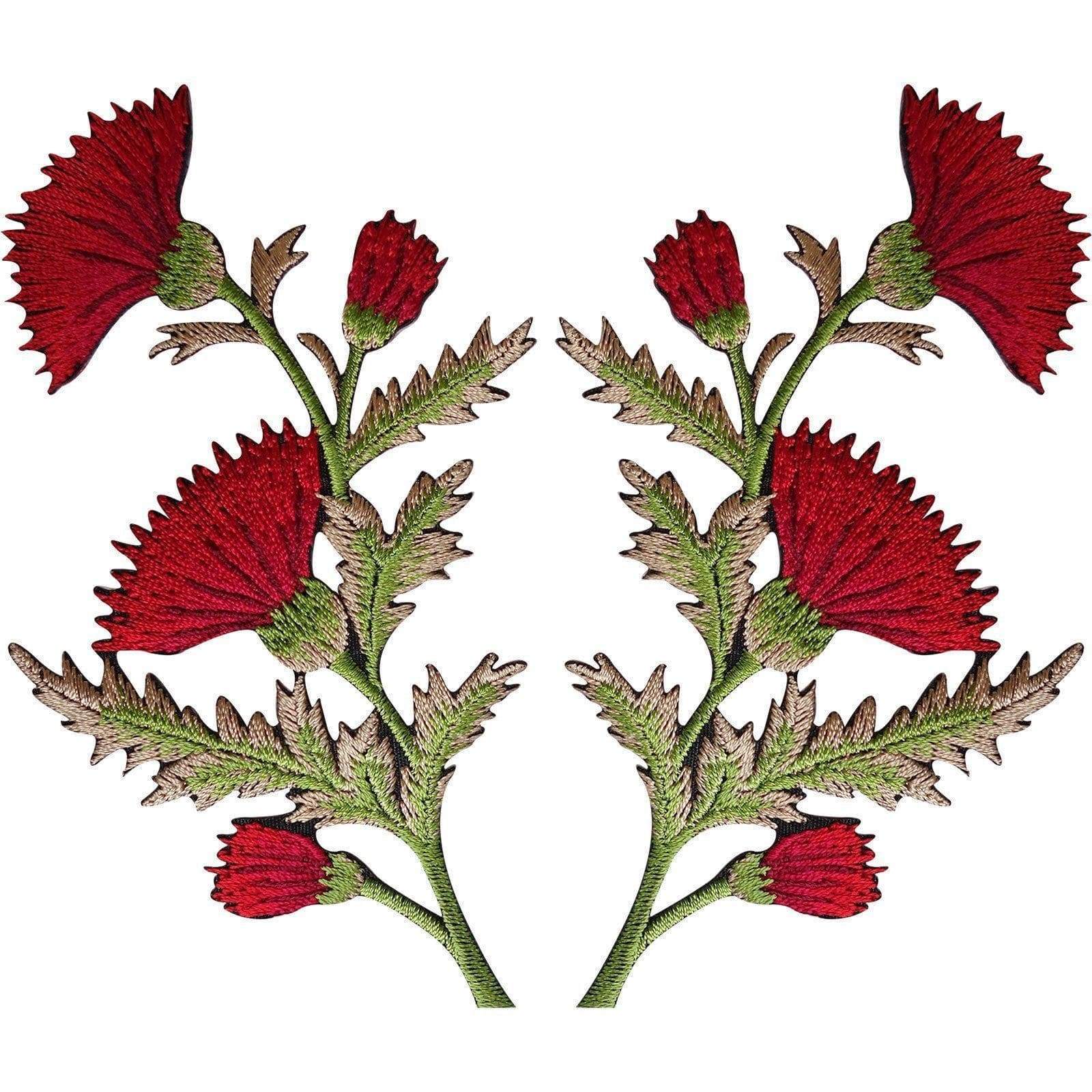 Pair of Red Thistle Flower Patches Iron / Sew On Embroidered Patch Badge Flowers