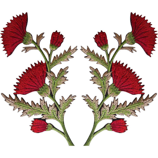 Pair of Red Thistle Flower Patches Iron / Sew On Embroidered Patch Badge Flowers
