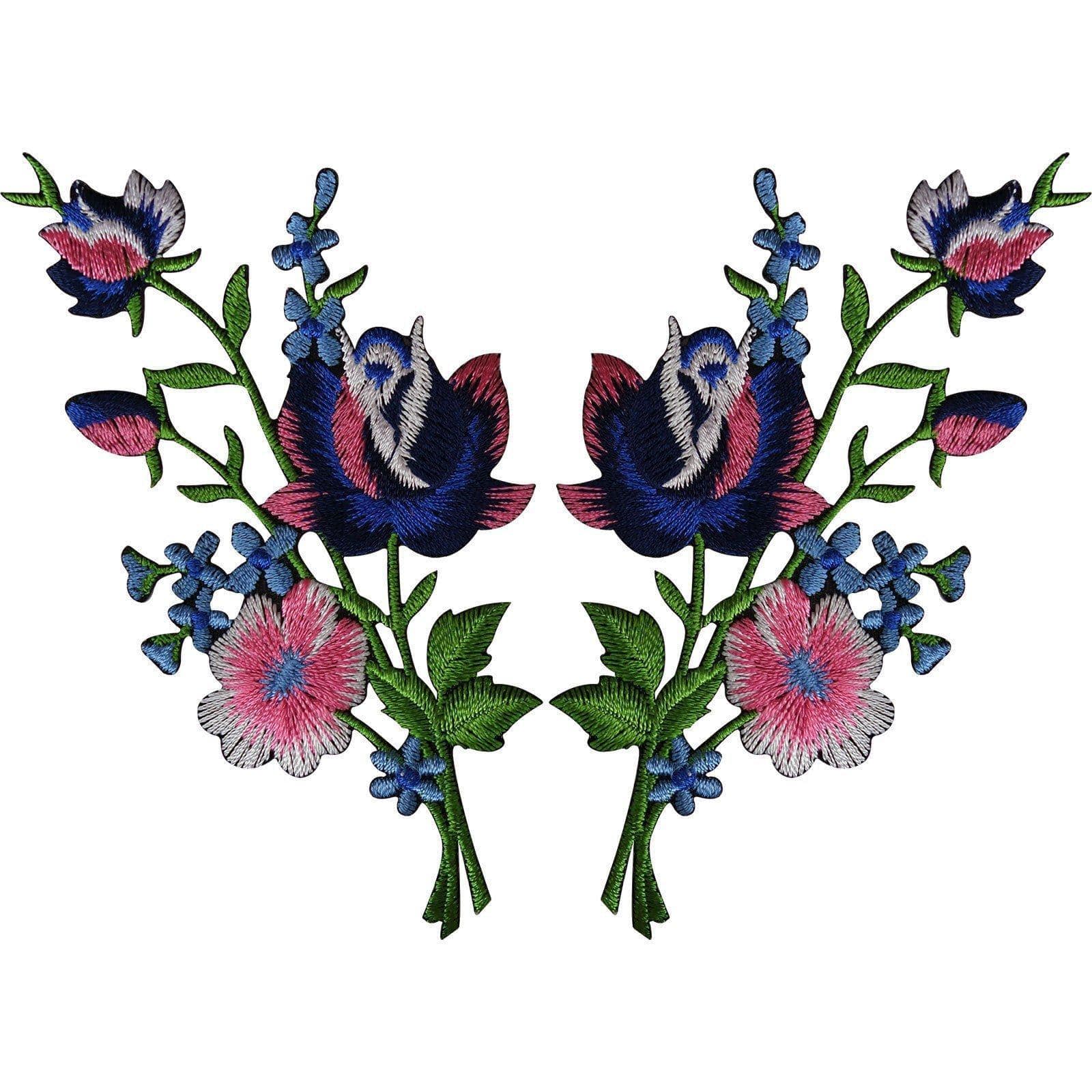Pair of Rose Flower Patches Iron Sew On Flowers Embroidered Applique Patch Badge