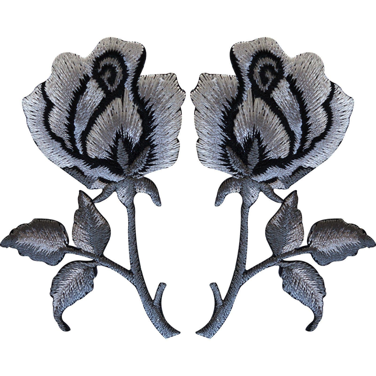 Pair of Rose Flowers Embroidered Iron Sew On Patch Badge Silver Grey Black Roses