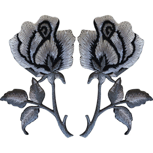 Pair of Rose Flowers Embroidered Iron Sew On Patch Badge Silver Grey Black Roses