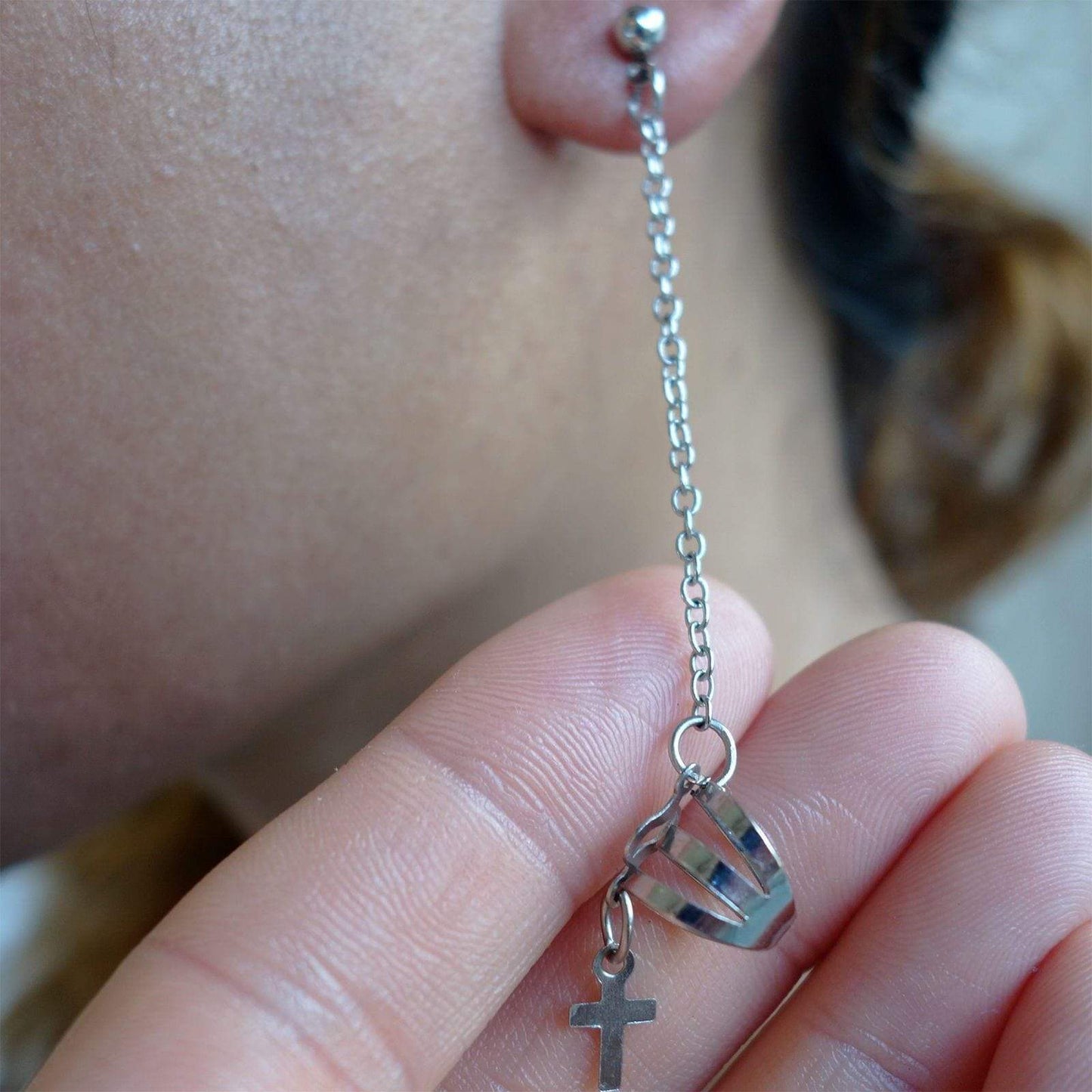 Pair of Silver Cross Earrings Wrap Cuff Clip Drop Dangle Chain Studs Jewellery