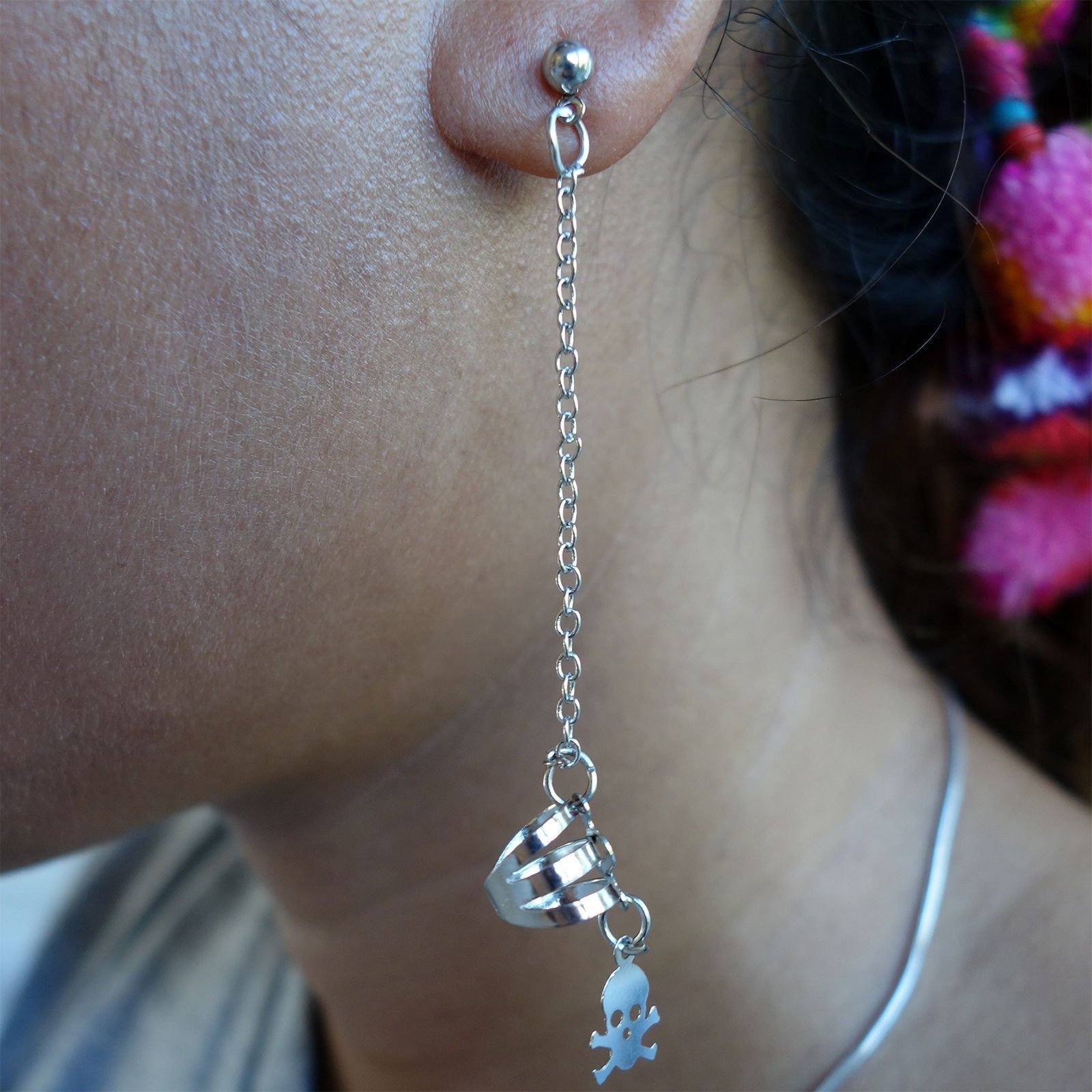 Pair of Silver Skull and Crossbones Earrings Wrap Cuff Clip Chain Pirate Studs