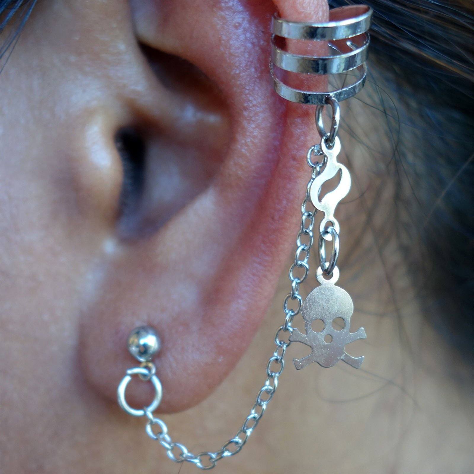 Pair of Silver Skull and Crossbones Earrings Wrap Cuff Clip Chain Pirate Studs