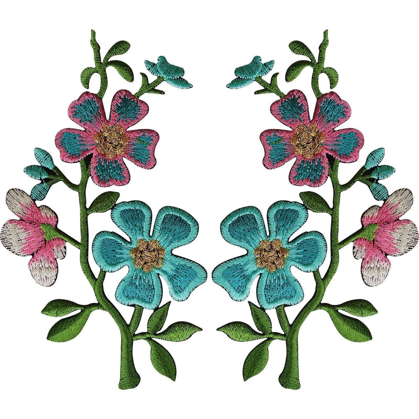 Pair of Turquoise Green Pink Flower Patches Iron Sew On Embroidered Patch Badge