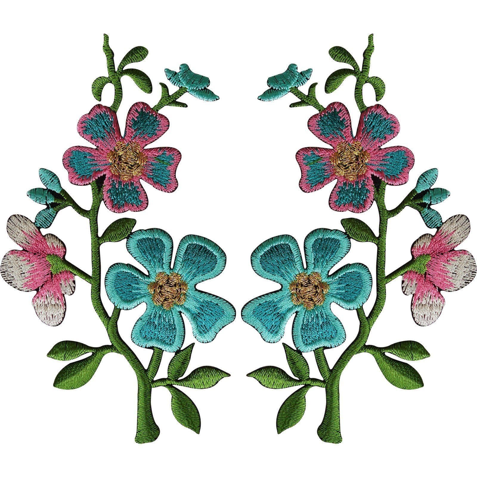 Pair of Turquoise Green Pink Flower Patches Iron Sew On Embroidered Patch Badge