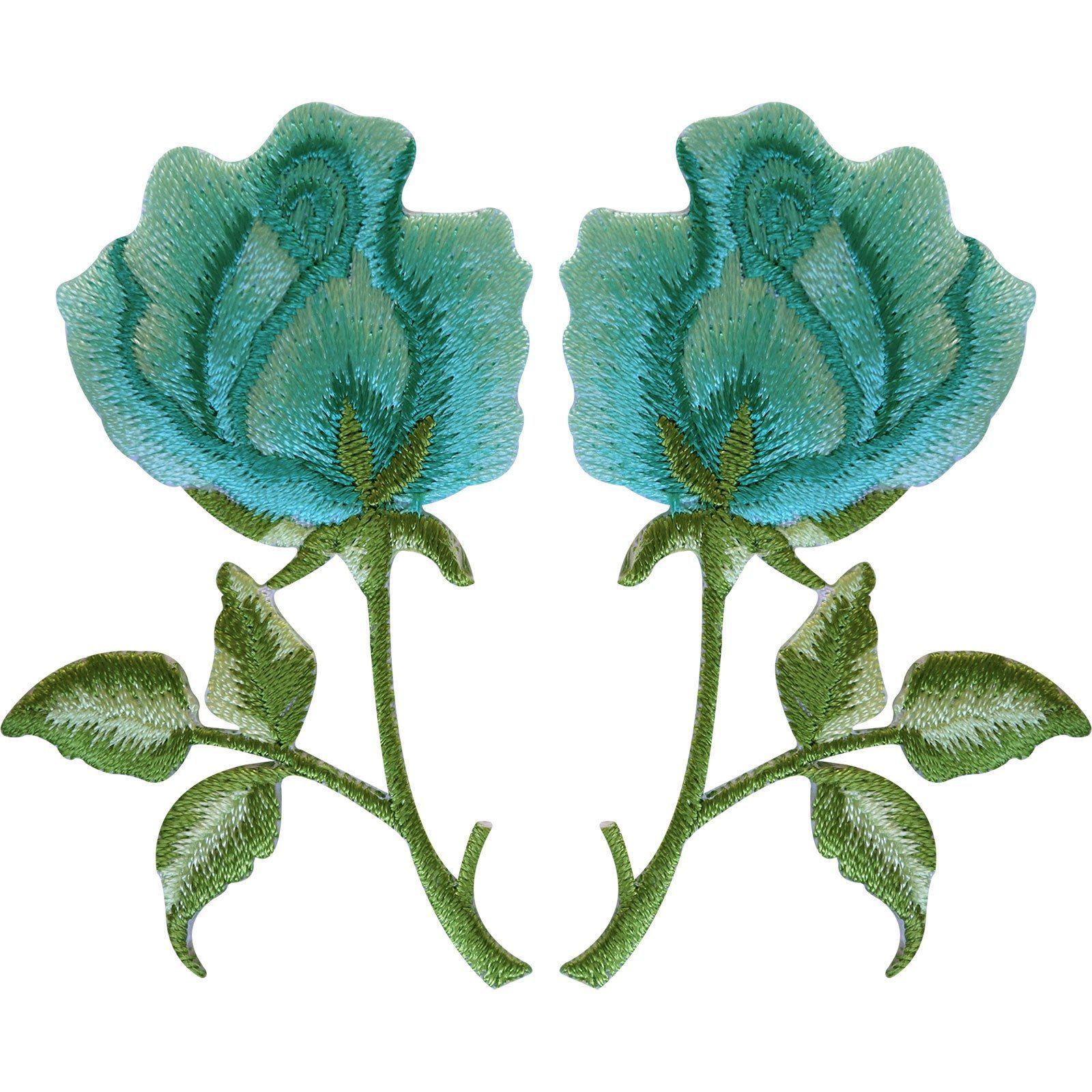 Pair of Turquoise Green Rose Patches Iron Sew On Embroidered Flower Badge Patch