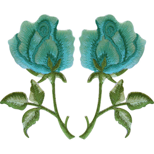 Pair of Turquoise Green Rose Patches Iron Sew On Embroidered Flower Badge Patch