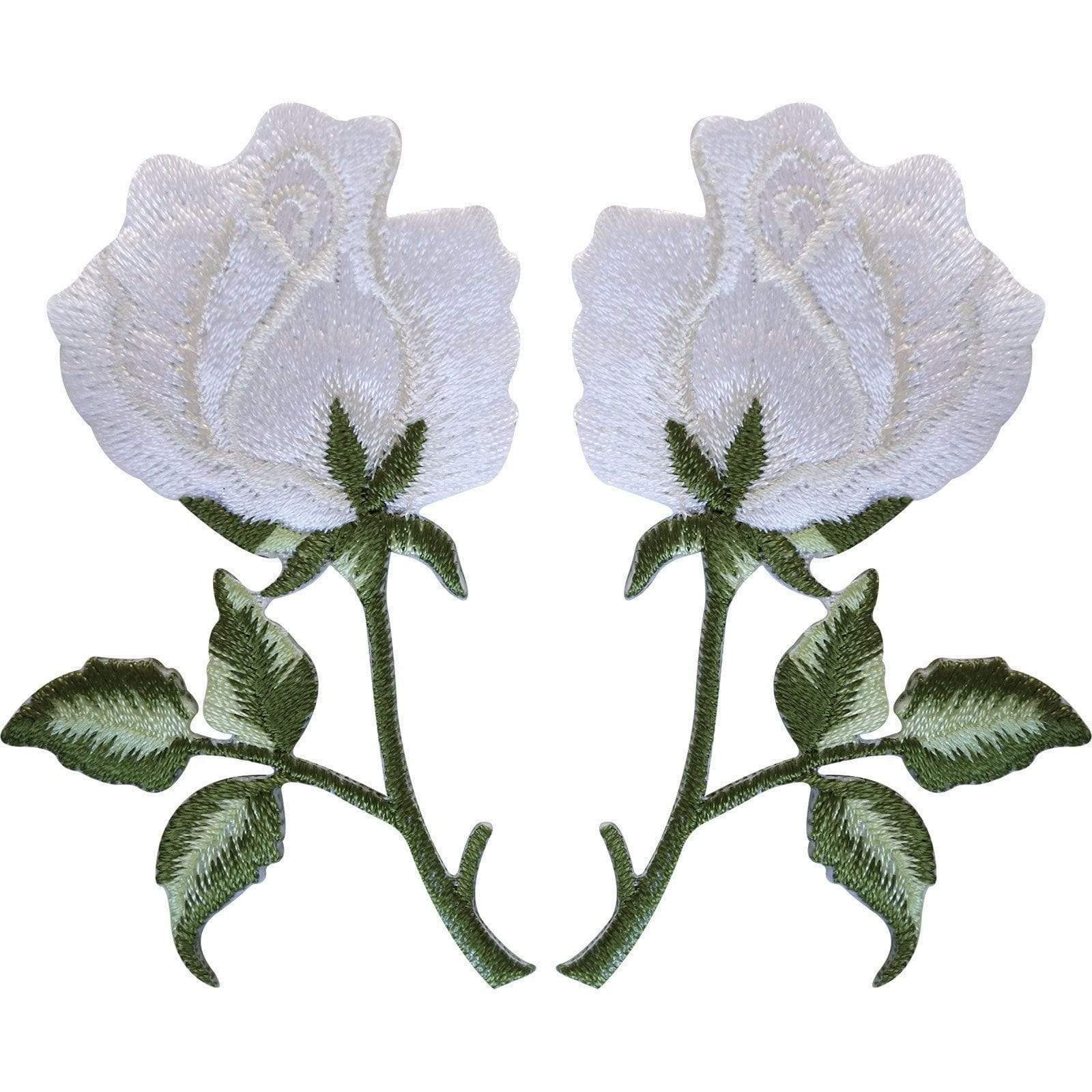 Pair of White Rose Patches Iron On Sew On Embroidered Roses Flowers Patch Badge