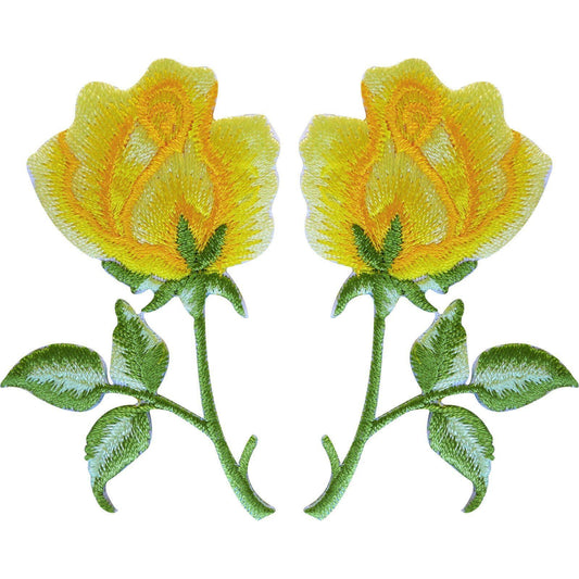 Pair of Yellow Rose Flower Patches Embroidered Iron On Sew On Roses Patch Badge