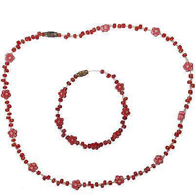 Red Flower Bead Necklace Chain + Wristband Bracelet Girls Kids Toddler Jewellery Red Flower Bead Necklace Chain + Wristband Bracelet Girls Kids Toddler Jewellery