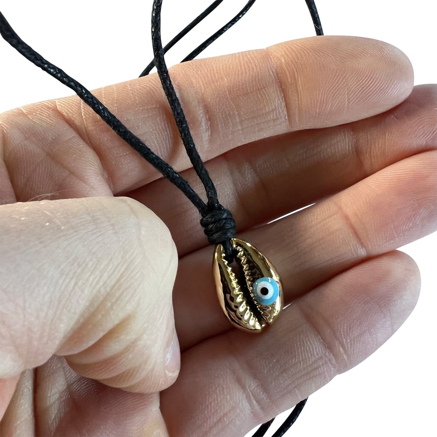 Shiny Gold Colour Sea Shell Evil Eye Pendant Necklace Black Cord Chain Jewellery