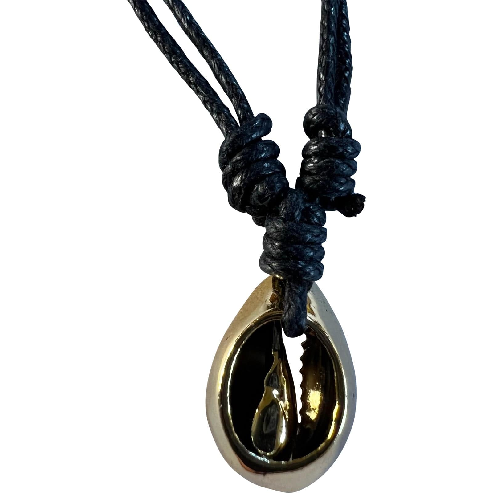 Shiny Gold Colour Shell Pendant Necklace Black Cord Chain Mens Womens Jewellery