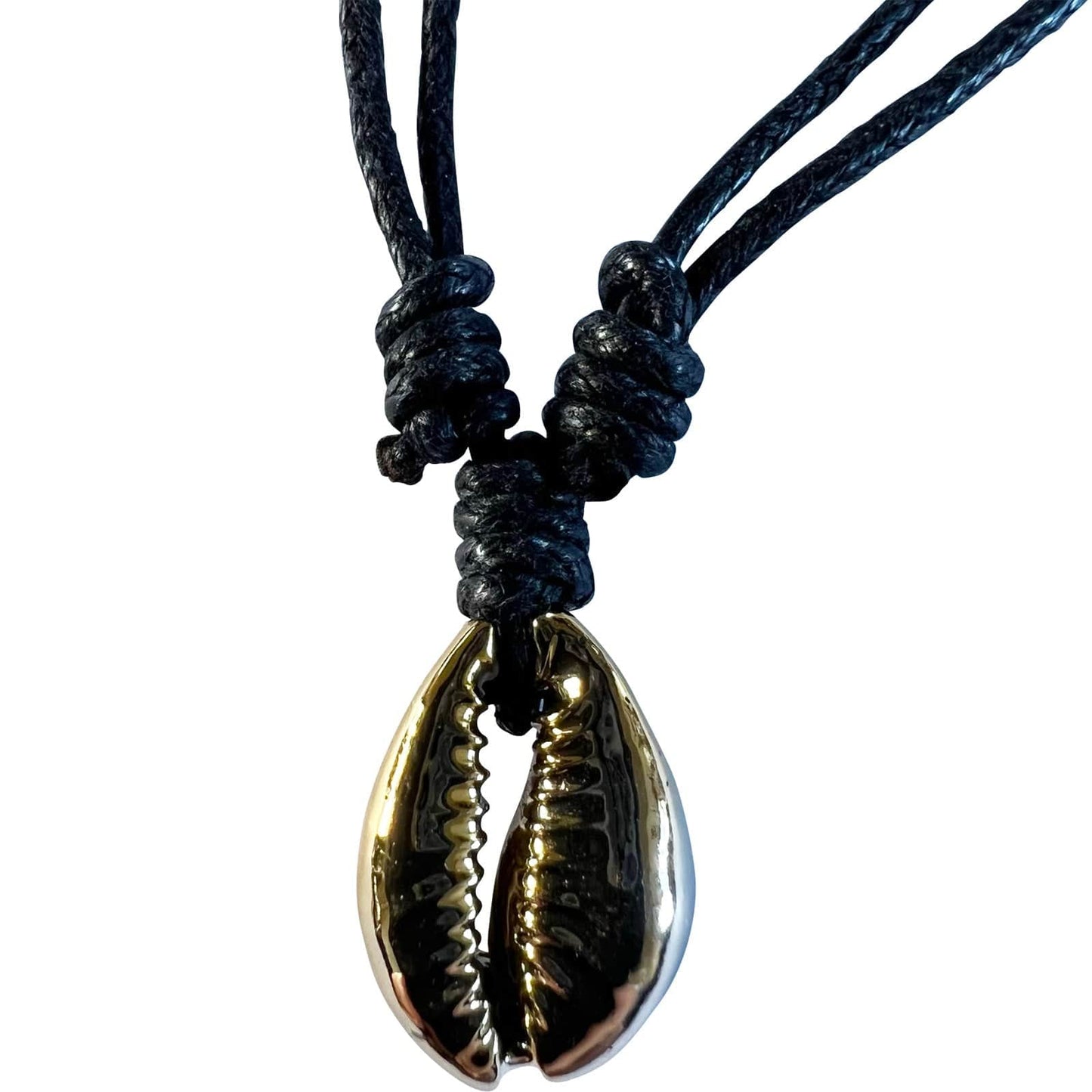 Shiny Gold Colour Shell Pendant Necklace Black Cord Chain Mens Womens Jewellery