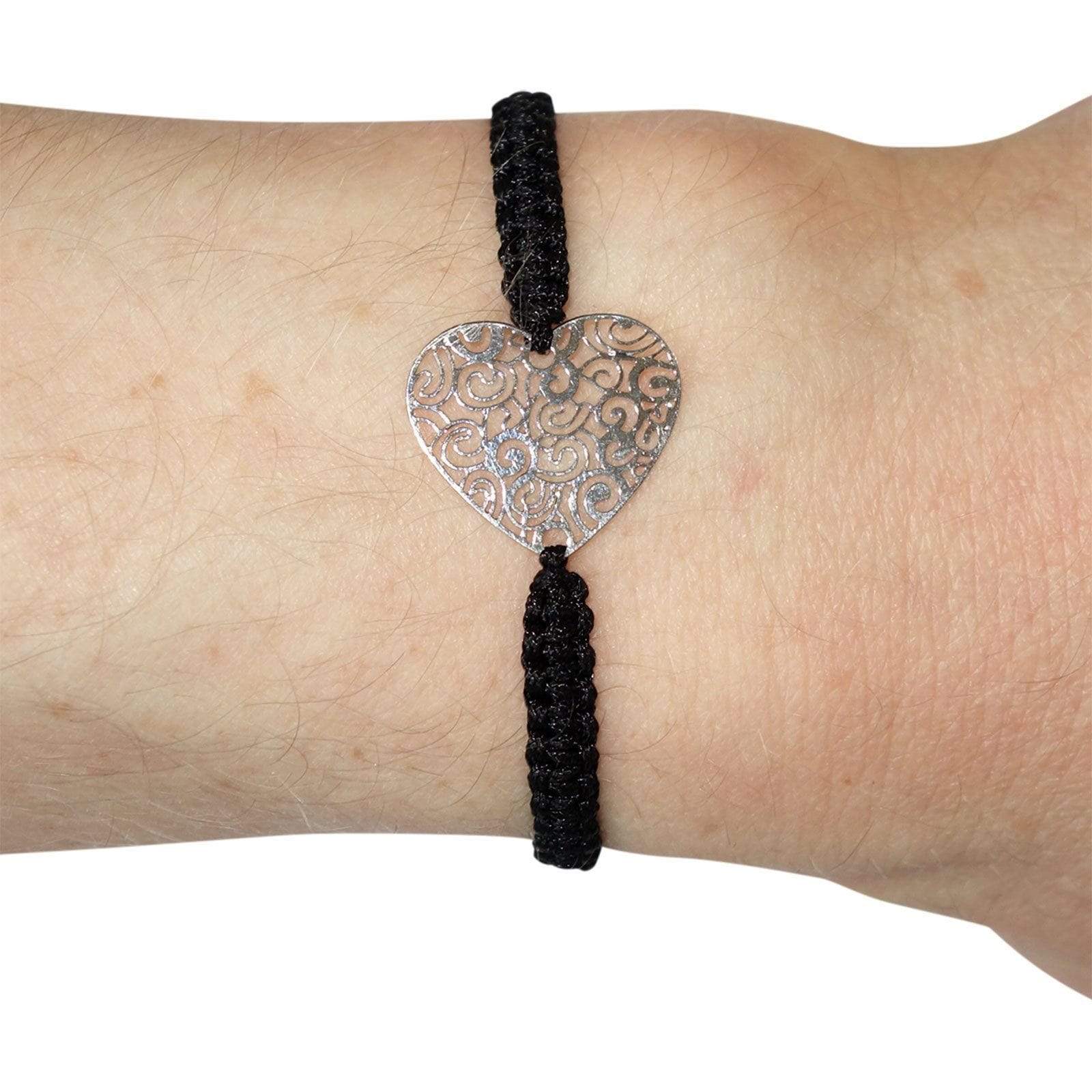 Silver Colour Heart Bracelet Black Wristband Bangle Womens Ladies Girl Jewellery