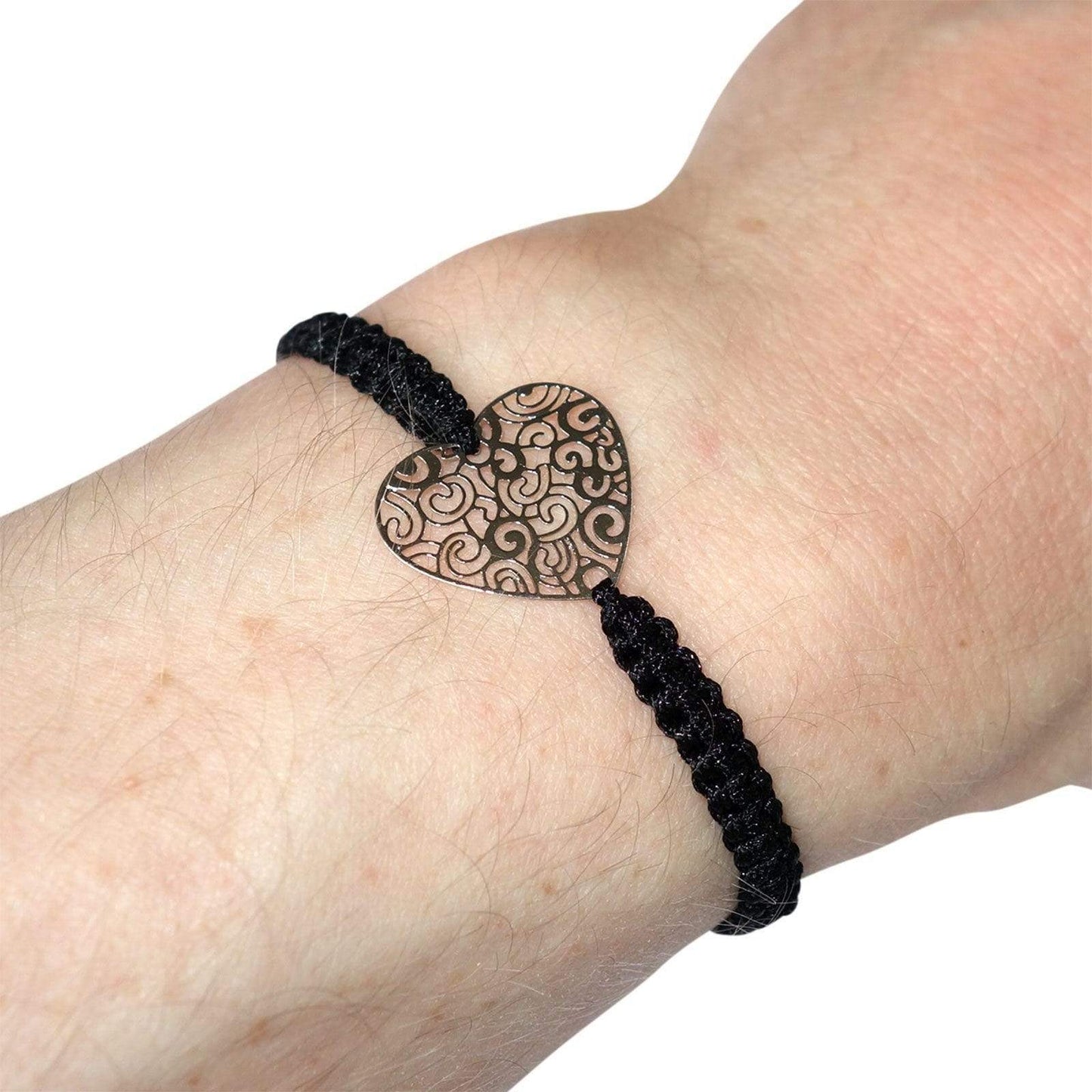Silver Colour Heart Bracelet Black Wristband Bangle Womens Ladies Girl Jewellery