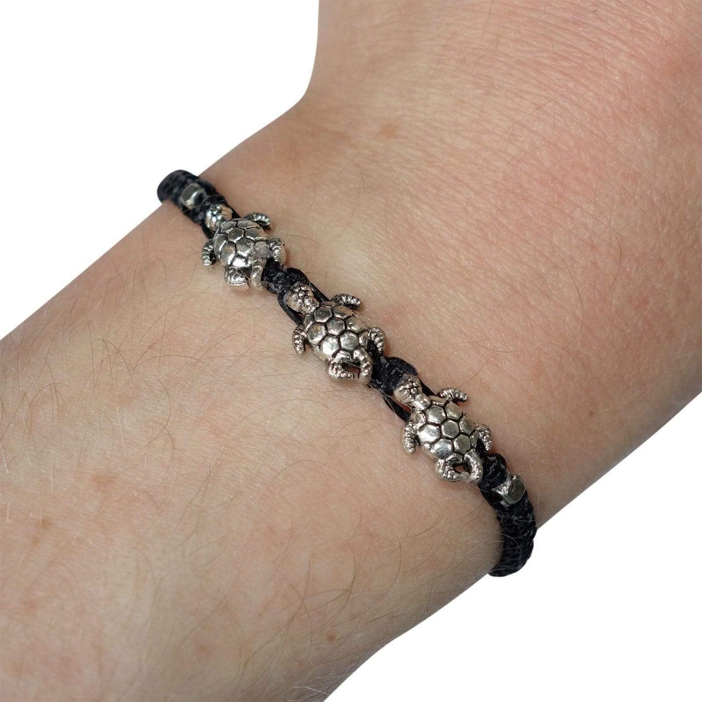 Silver Colour Turtle Bracelet Black Wristband Bangle Mens Womens Kids Boys Girls