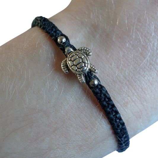 Silver Colour Turtle Bracelet Black Wristband Mens Womens Ladies Kids Boys Girls