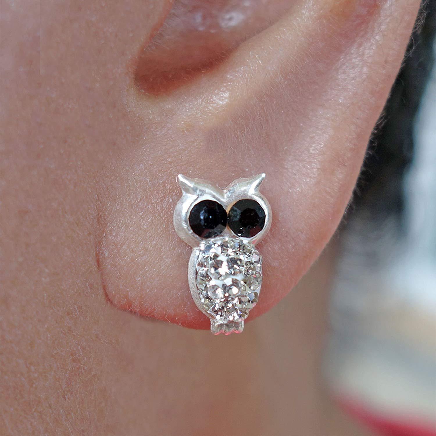 Silver Owl Earrings 925 Sterling Jewellery Pair Crystal Ear Studs Ladies Girls