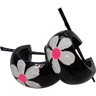 White Pink Flower Black Wood Hoop Stick Huggie Stud Earrings Womens Ladies Kids White Pink Flower Black Wood Hoop Stick Huggie Stud Earrings Womens Ladies Kids