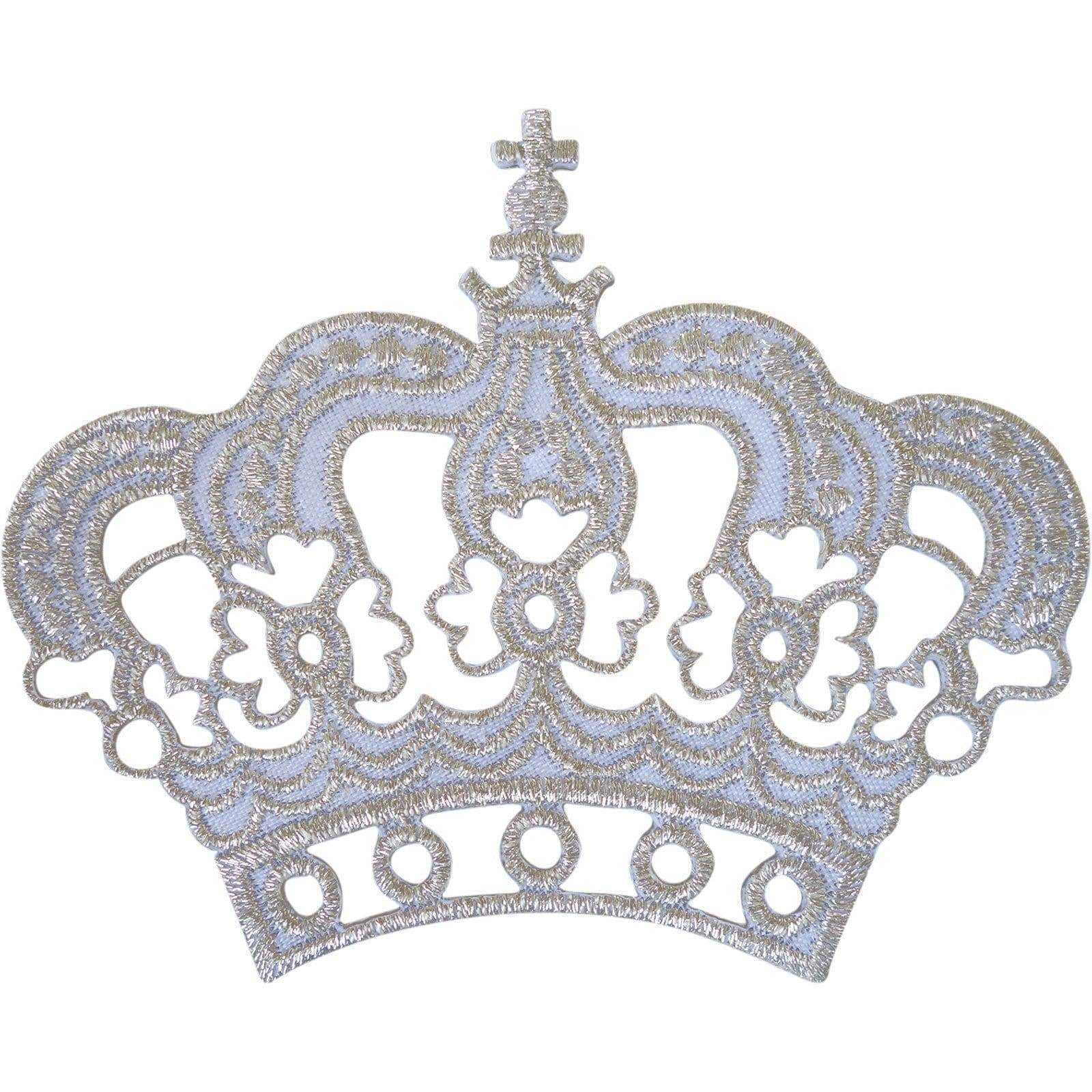 White Silver Crown Patch Iron On Sew On King Queen Fancy Dress Embroidered Badge