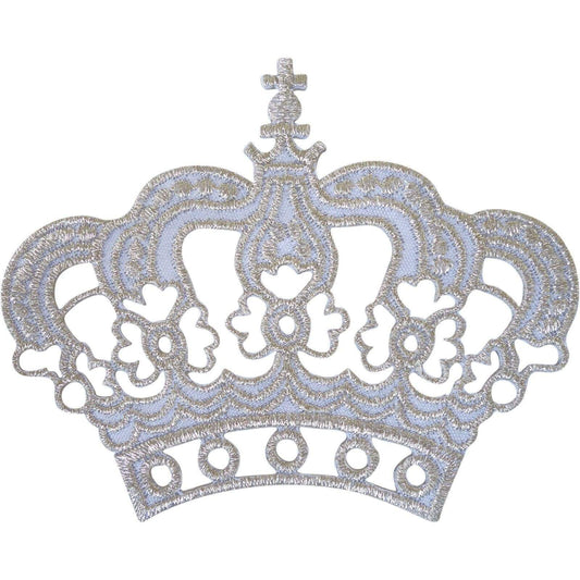 White Silver Crown Patch Iron On Sew On King Queen Fancy Dress Embroidered Badge