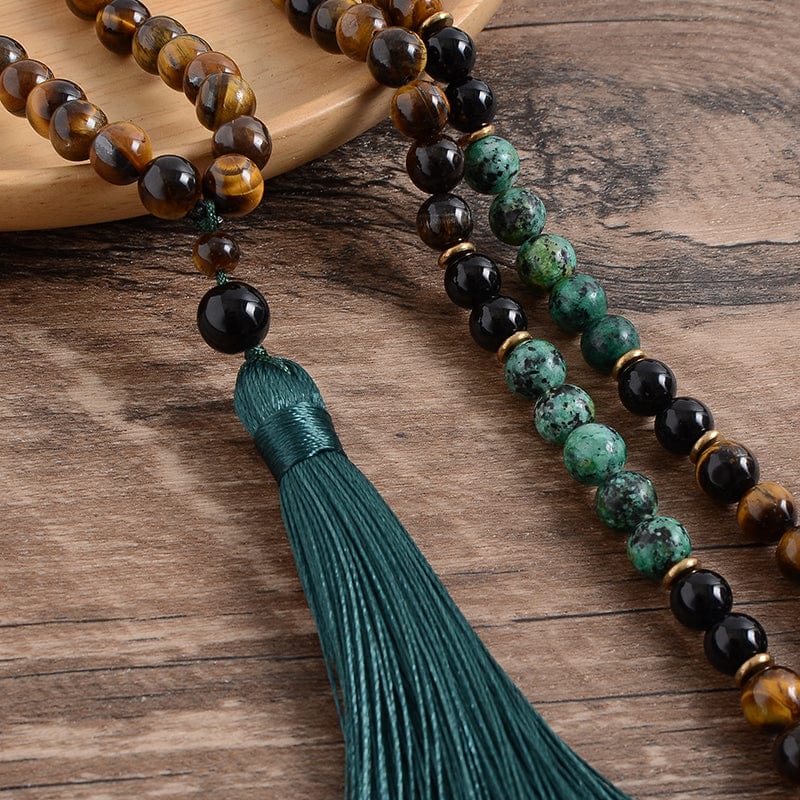 Yellow Tiger Eyes African Turquoise Black Onyx Mala Beads Necklace Bracelet Set Rudraksha Japamala